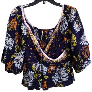 Free People Mirabella Wrap Front Navy Multicolor Floral Women's Top Size Medium
